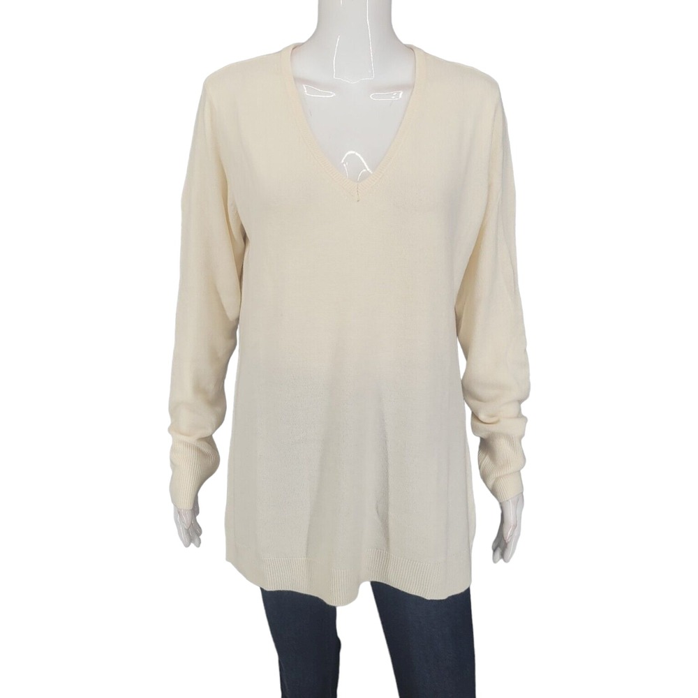 Denim & Co Modern V-Neck Pullover Sweater Medium Ivory Casual Knit Top A390269